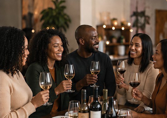 Friends toasting with red and white wine at a candlelit gathering
